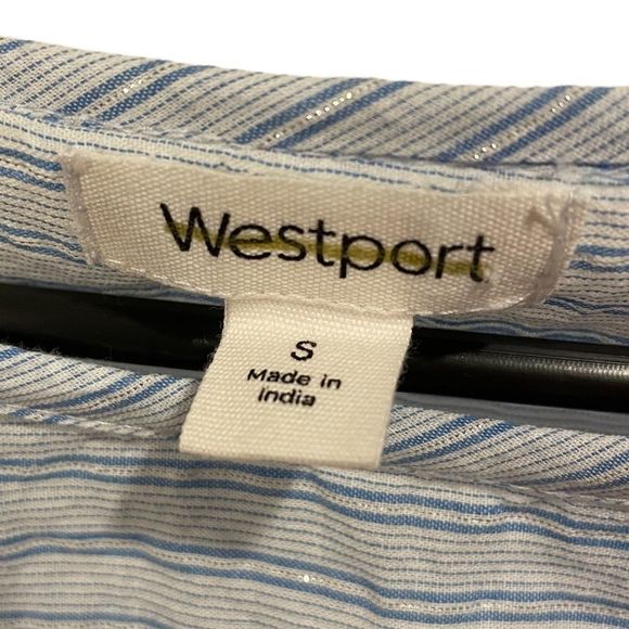 Westport Blue and Sparkly Silver Pin Stripe Embroidered Beaded Flare Sleeve Top - Picture 7 of 7